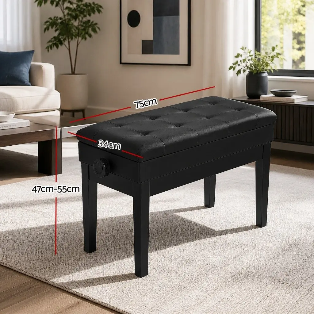 Piano Bench Adjustable Height Storage Black PU Leather Sponge Padding Oak Wood Metal