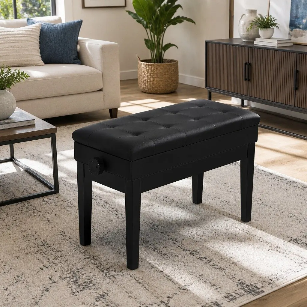 Piano Bench Adjustable Height Storage Black PU Leather Sponge Padding Oak Wood Metal