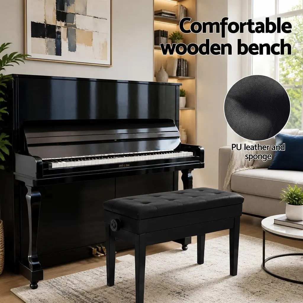 Piano Bench Adjustable Height Storage Black PU Leather Sponge Padding Oak Wood Metal