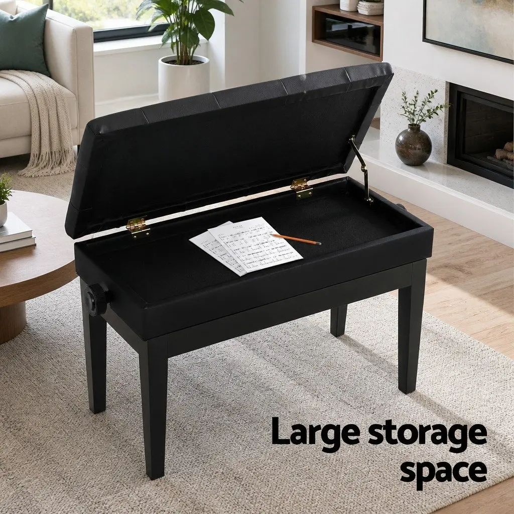 Piano Bench Adjustable Height Storage Black PU Leather Sponge Padding Oak Wood Metal