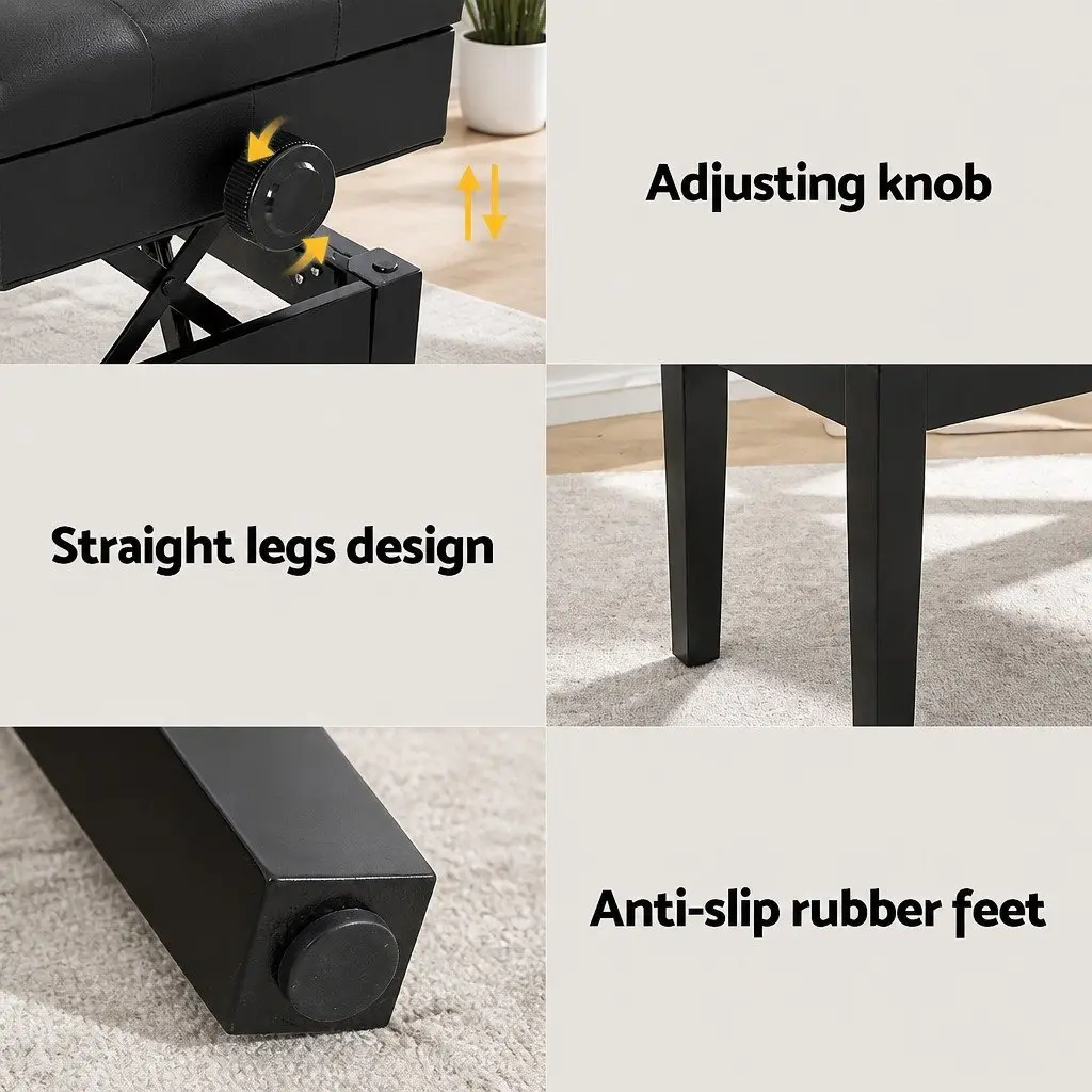 Piano Bench Adjustable Height Storage Black PU Leather Sponge Padding Oak Wood Metal