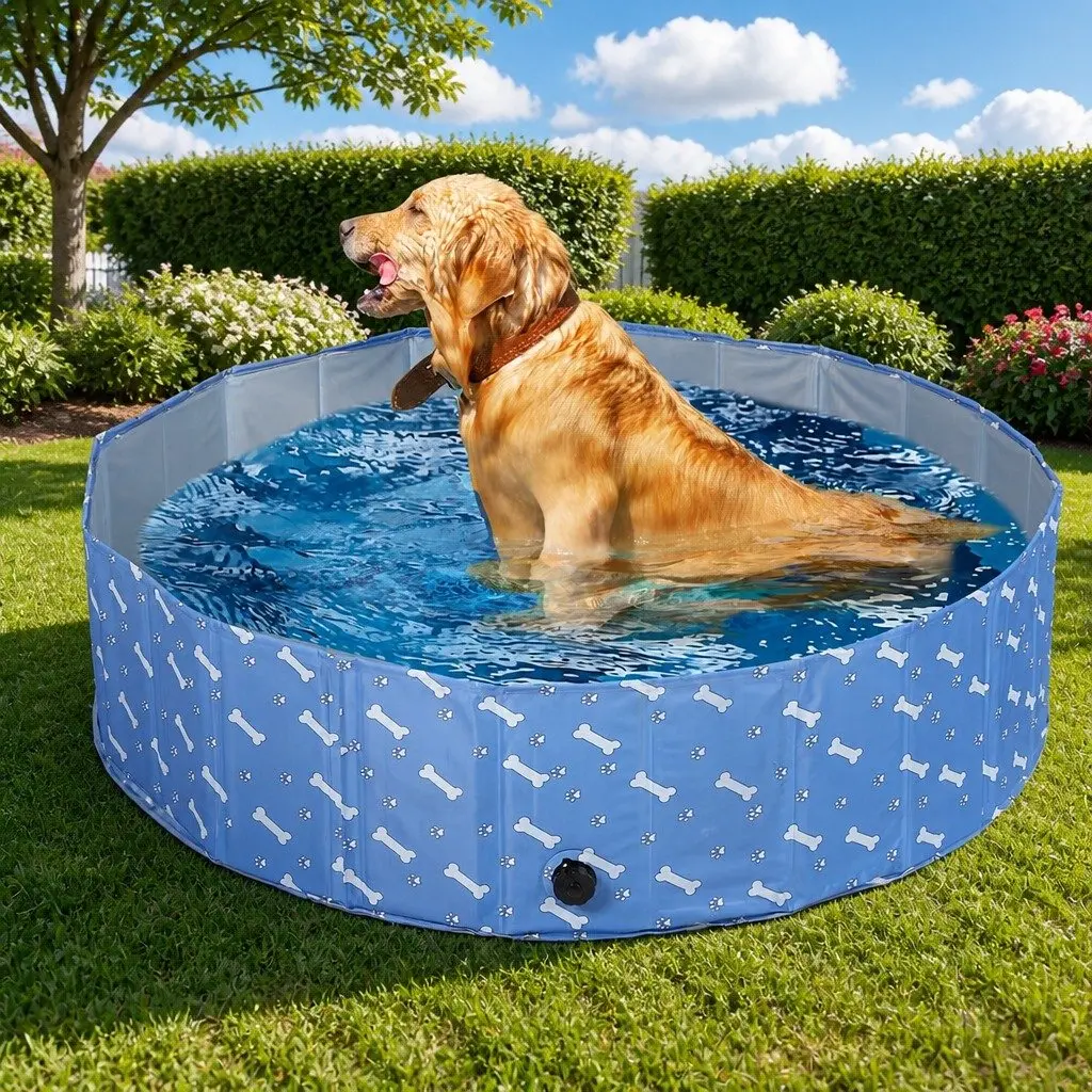 Large Portable Folding Pet Swimming Pool Blue PVC for Indoor Outdoor Bathing and Washing