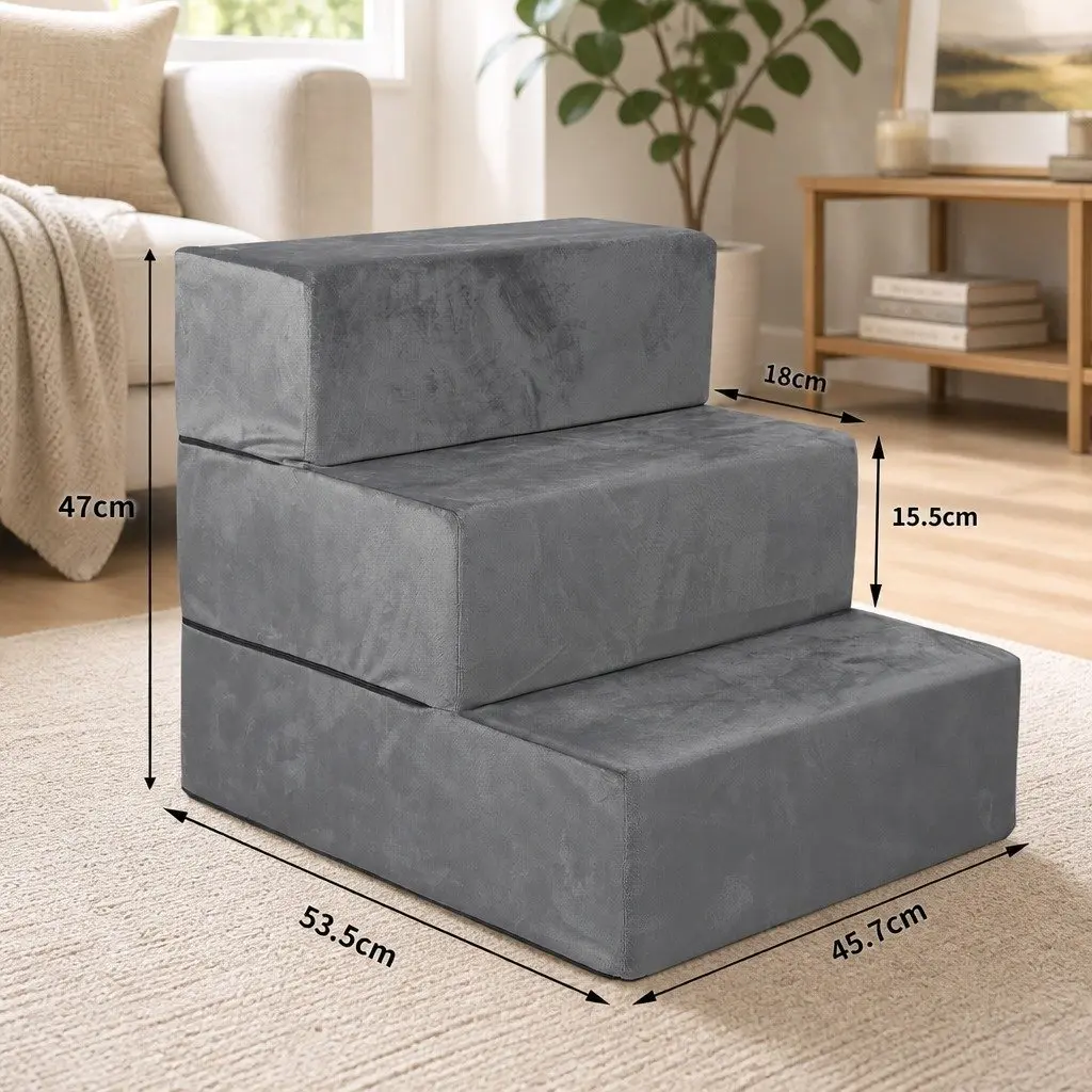 Pet Stairs High-Density Foam Medium Grey Adjustable 3 Steps Climbing Helper for Dogs Cats