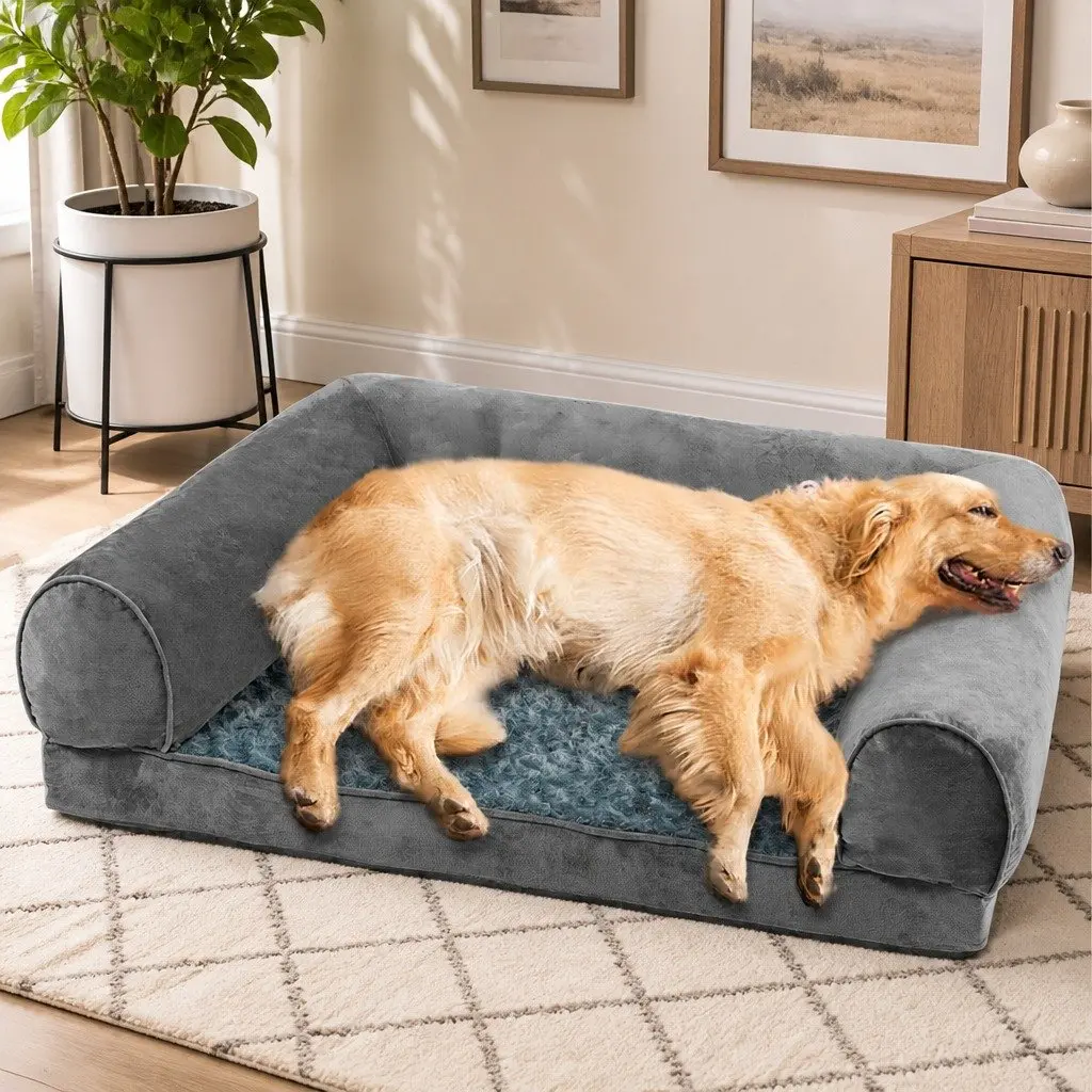 Pet Bed Sofa Dog Bedding Soft Warm Orthopaedic Memory Foam Large Grey Lounger