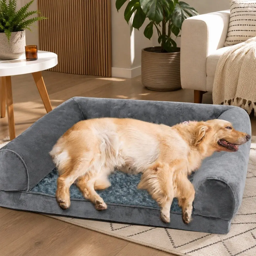 Pet Bed Sofa Dog Bedding Soft Warm Orthopaedic Memory Foam Large Grey Lounger