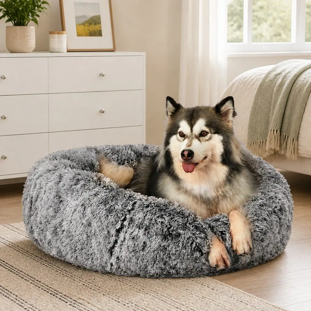 Large Donut Nest Pet Bed Calming Charcoal Plush Cushion Soft Texture Non-slip Bottom