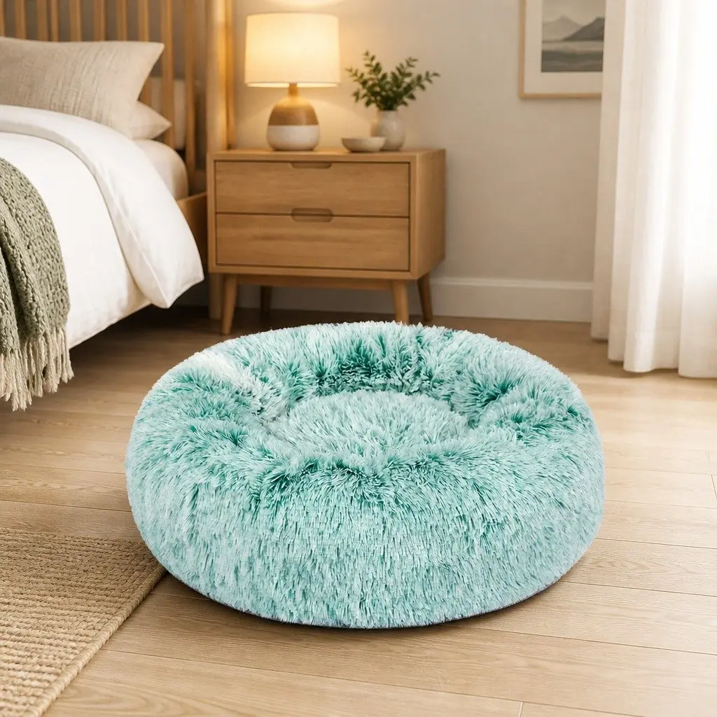 Pet Bed Plush Donut Nest Large Teal Calming Raised Rim Non-Slip
