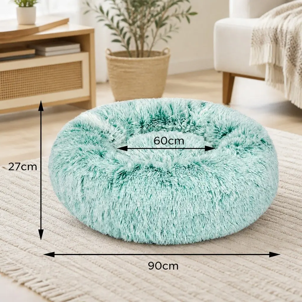 Pet Bed Plush Donut Nest Large Teal Calming Raised Rim Non-Slip