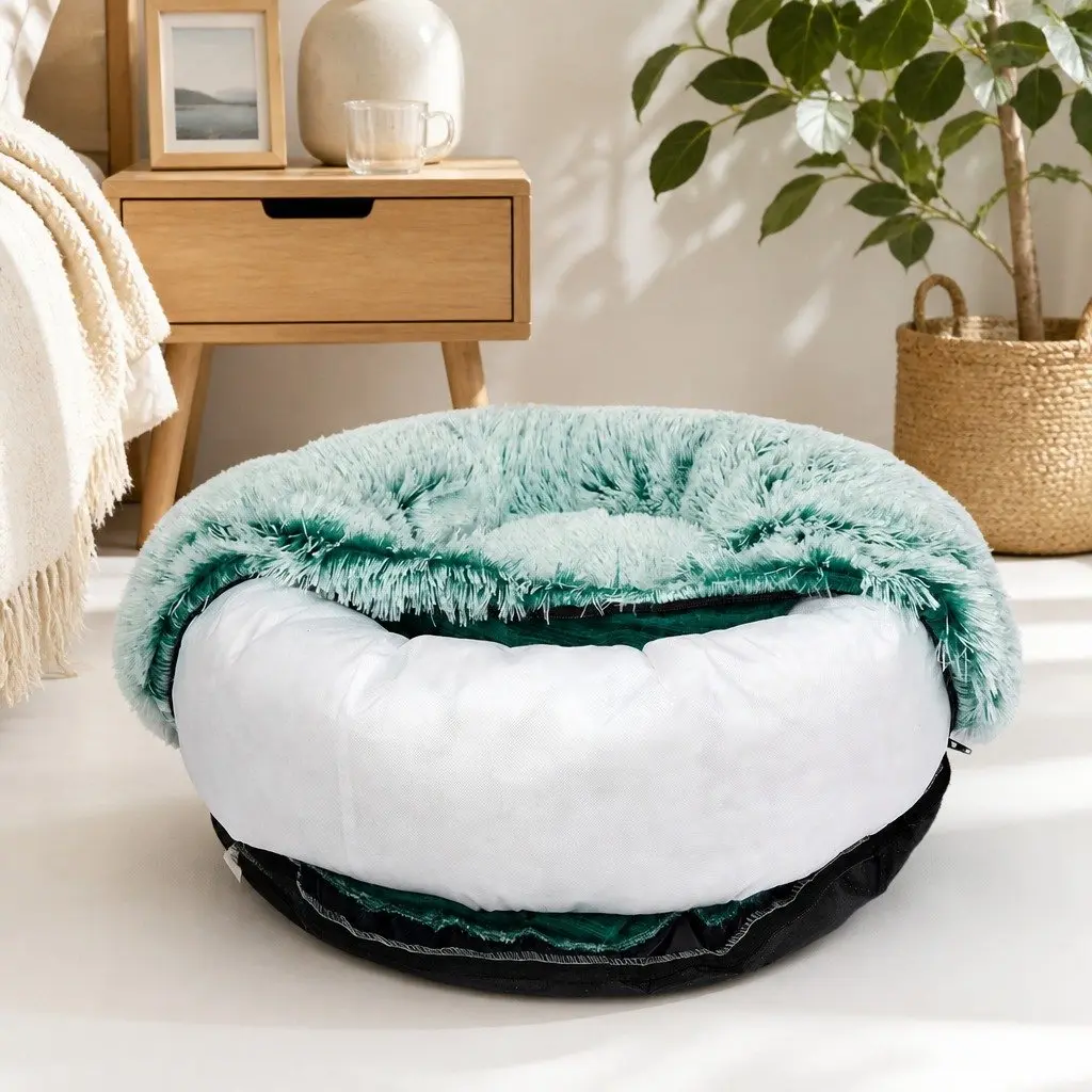 Pet Bed Plush Donut Nest Large Teal Calming Raised Rim Non-Slip