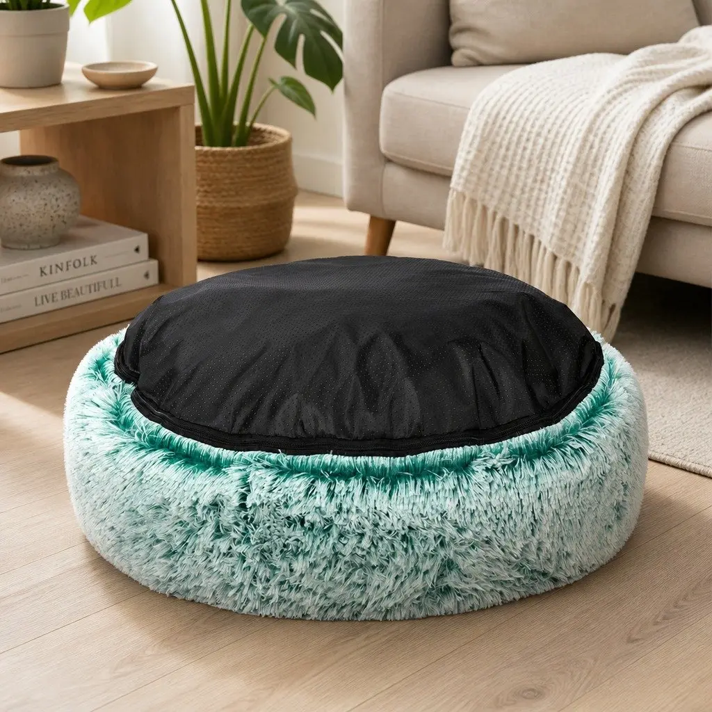 Pet Bed Plush Donut Nest Large Teal Calming Raised Rim Non-Slip
