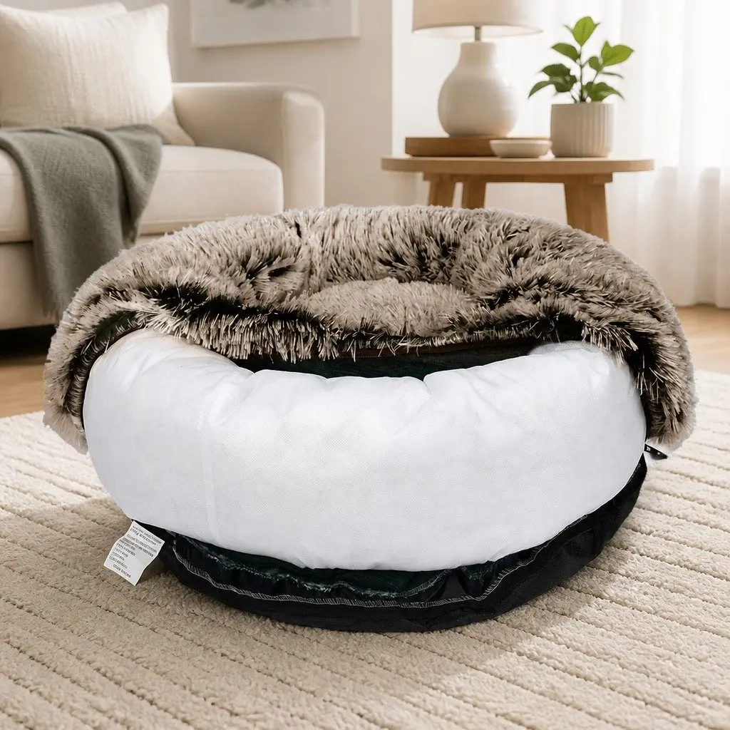 Pet Bed Cover Plush Removable Medium Donut Shape Charcoal Pink Teal