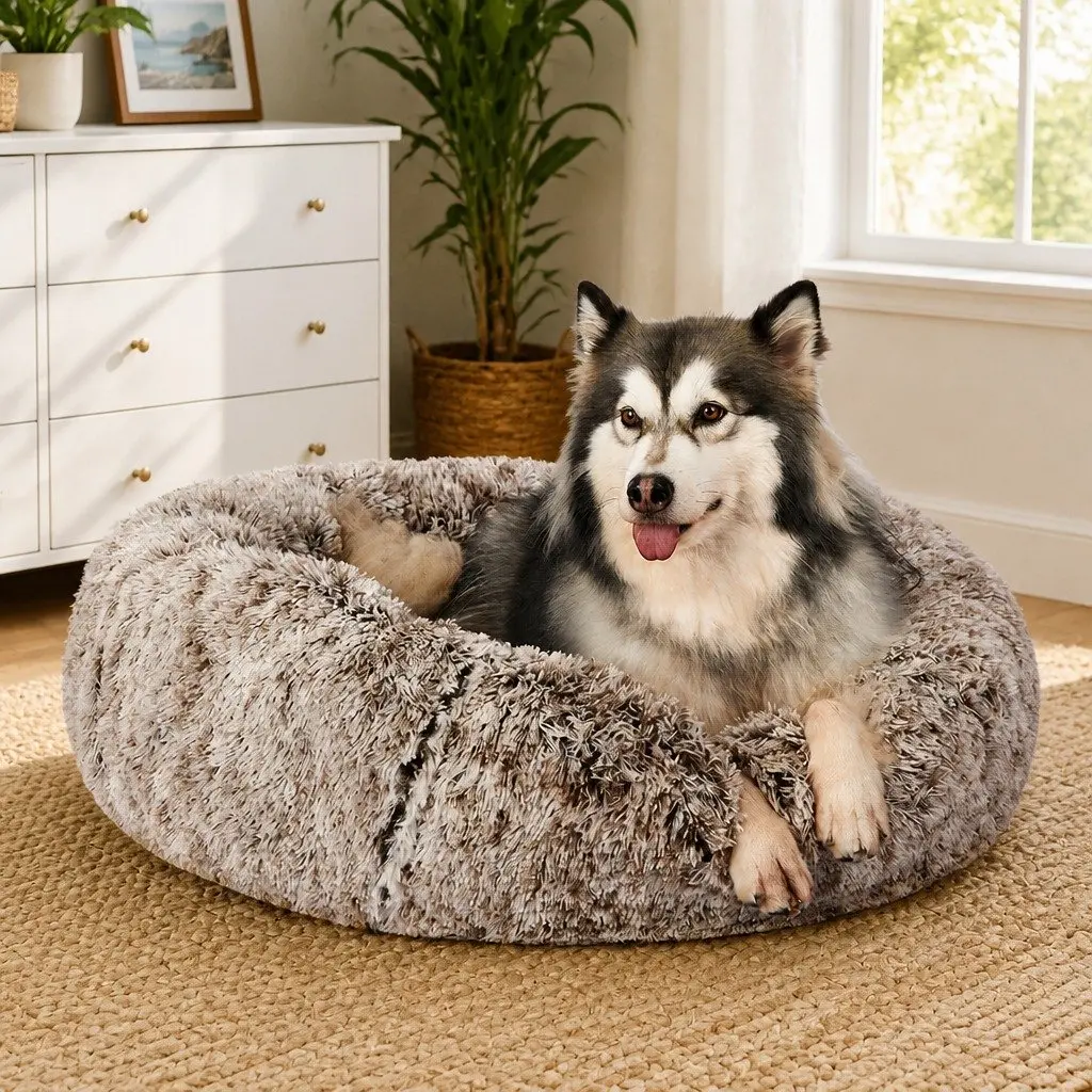 Pet Bed Cover Plush Removable Medium Donut Shape Charcoal Pink Teal