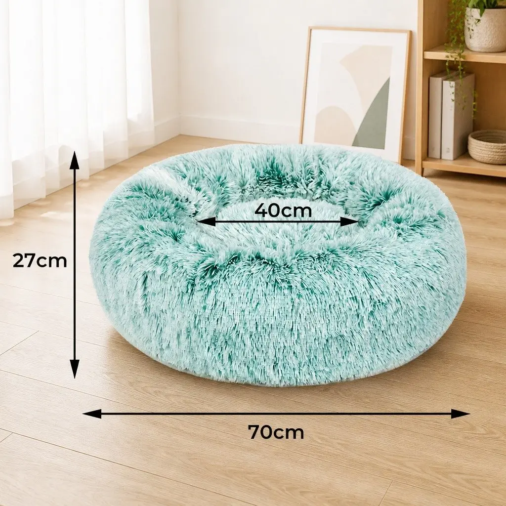 Pet Bed Plush Medium Teal Donut Shape Raised Rim