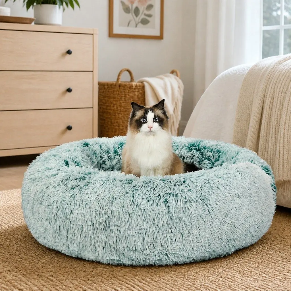 Pet Bed Plush Medium Teal Donut Shape Raised Rim