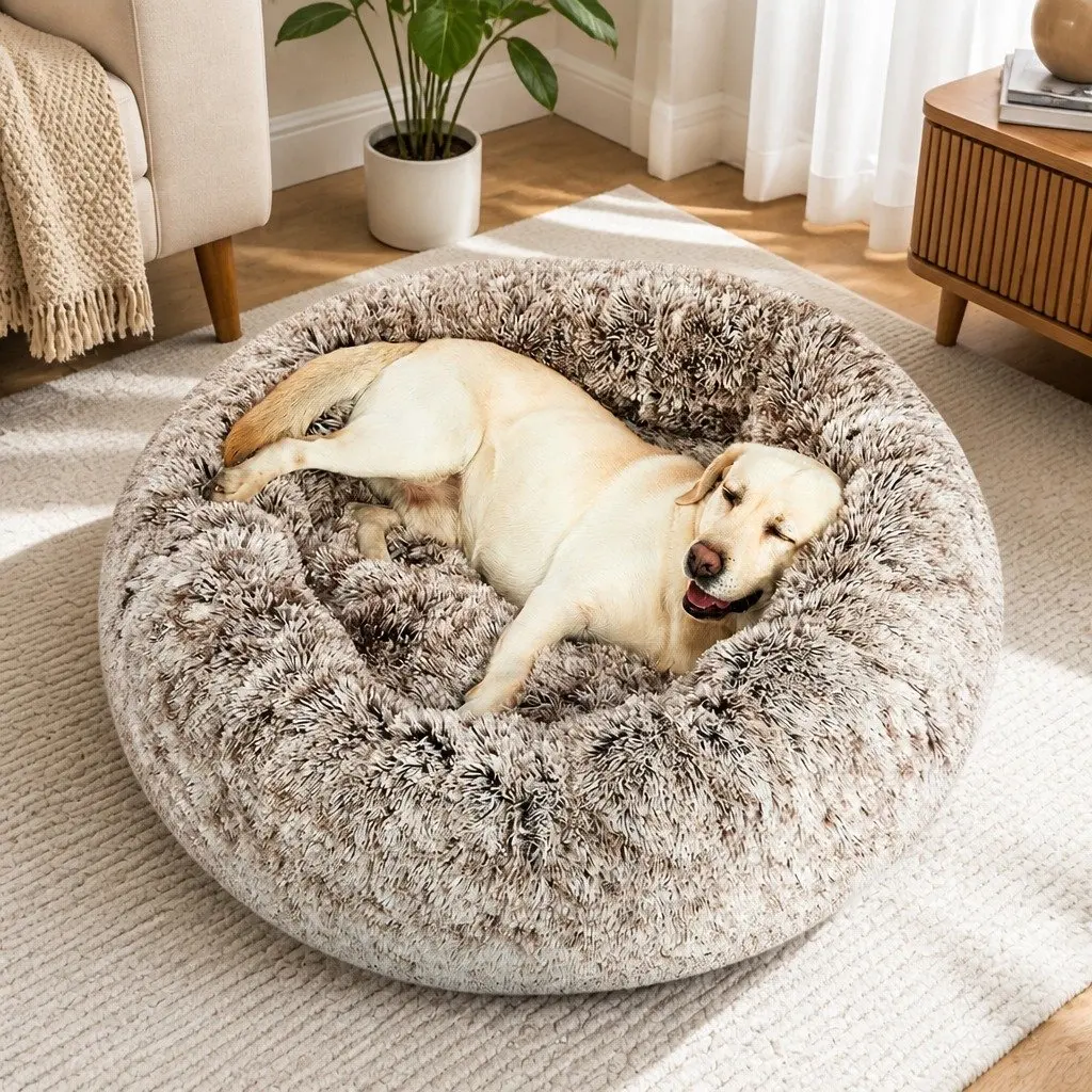 Dog Calming Bed Cover Plush X-Large Brown Removable Replacement Donut-Shaped Pet Bed Cover