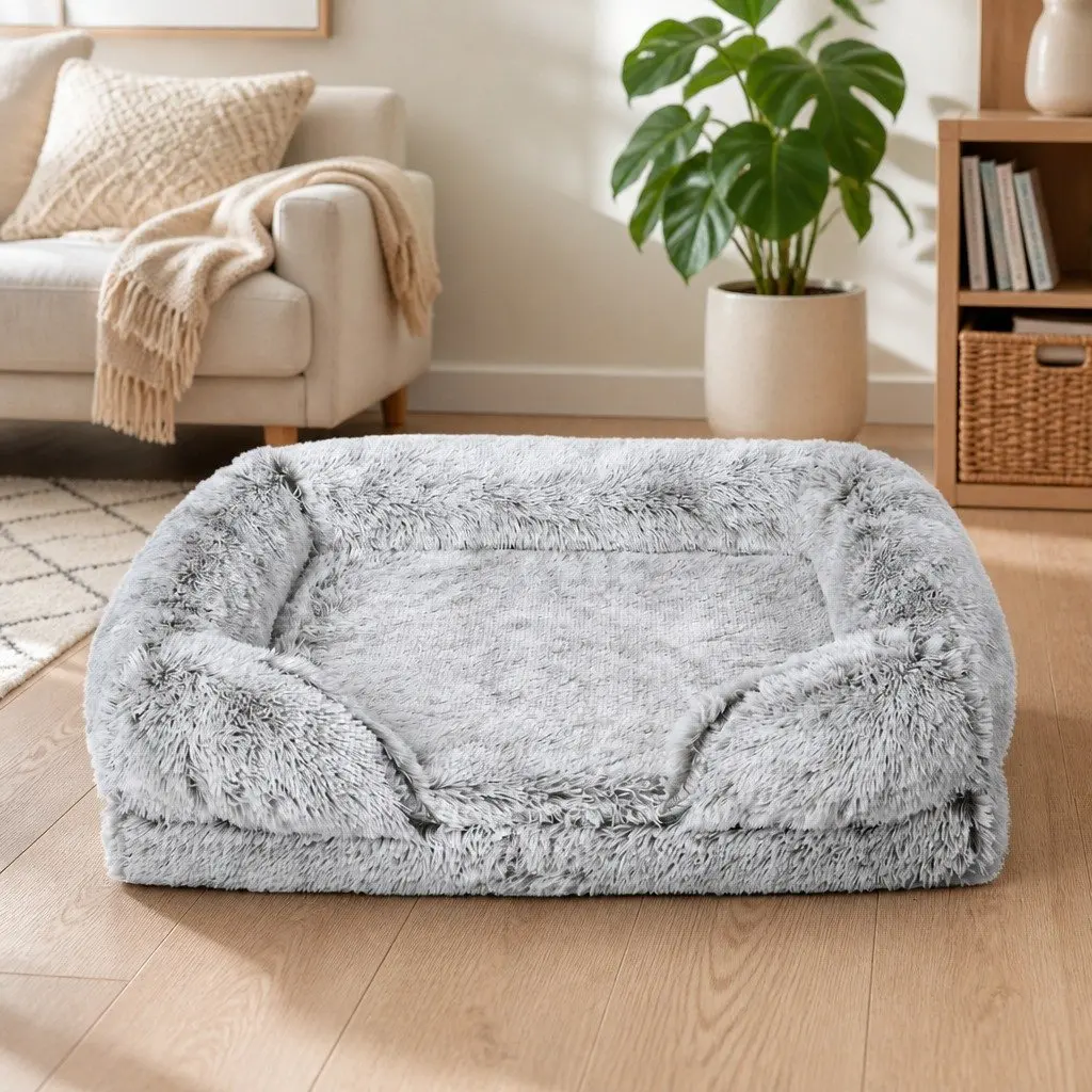 Pet Bed Orthopedic Memory Foam Large Plush Grey