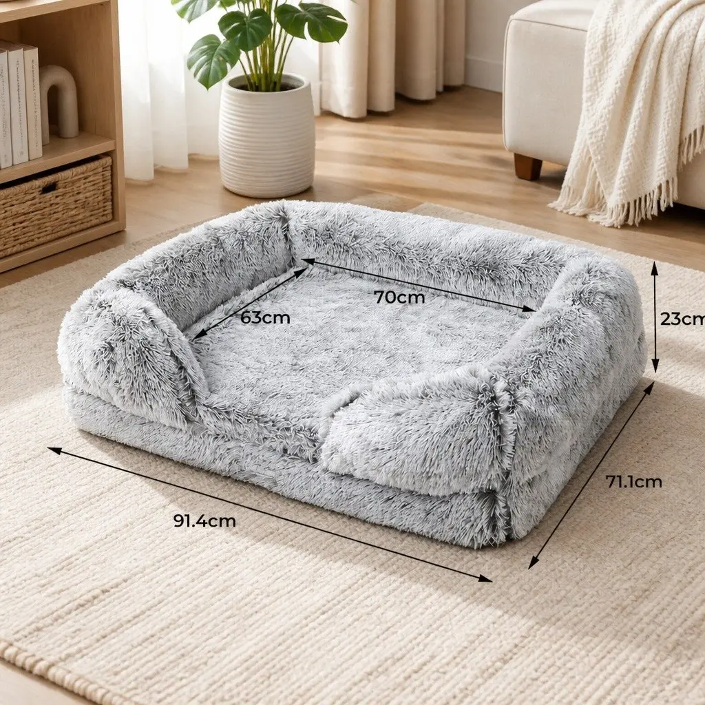 Medium Orthopedic Dog Bed Plush Memory Foam Supportive Bolster Grey