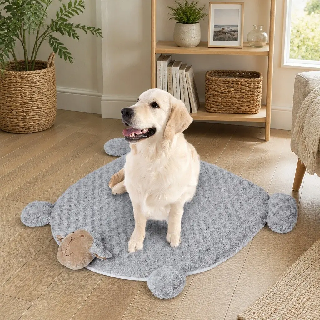 Pet Bed Memory Foam Large Grey Plush Cushion with Anti-slip Waterproof Bottom and Chewable Squeaky Toys