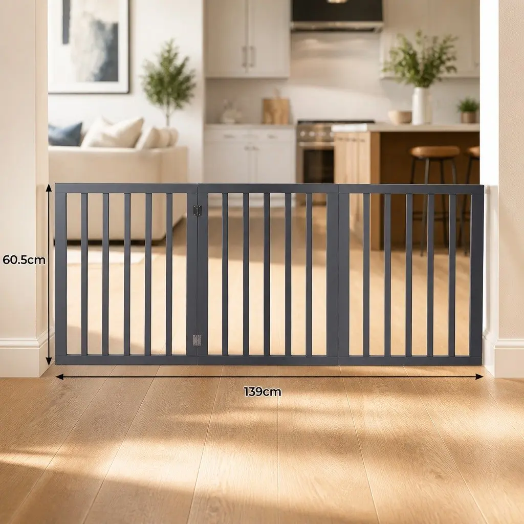 Wooden Pet Gate Foldable Free Standing Indoor Barrier 139cm x 60.5cm Grey