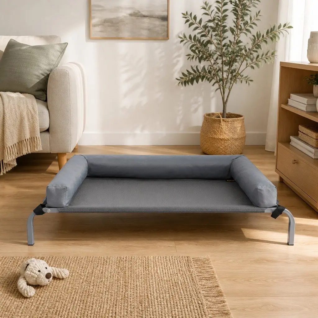 Medium Elevated Pet Bed Steel Frame Grey Breathable Mesh for Dog Cat Indoor Outdoor