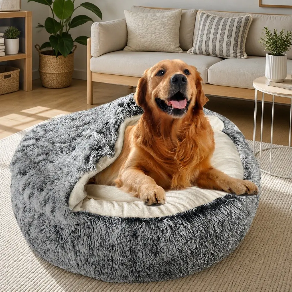 Pet Bed Semi-Enclosed Plush Waterproof XL Charcoal