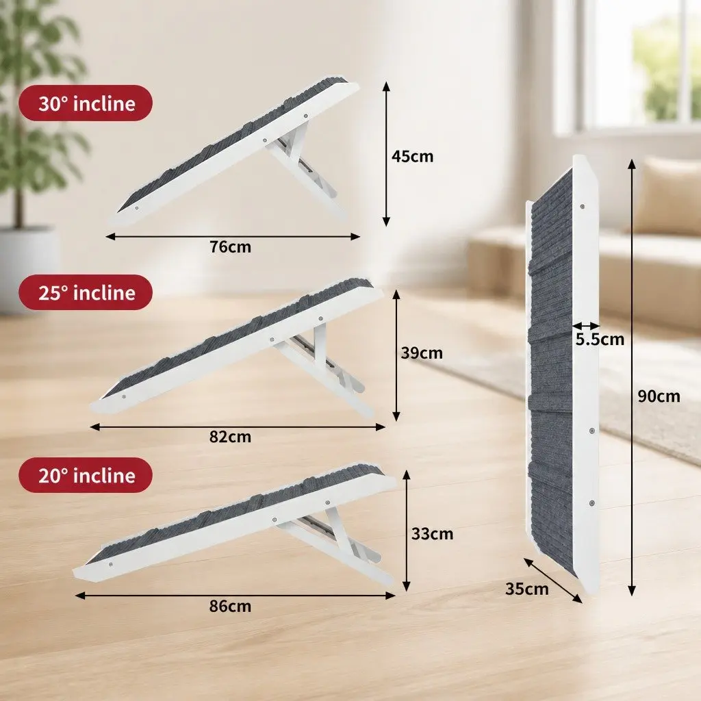 Adjustable Pet Ramp Wooden Frame Carpet Surface Foldable White