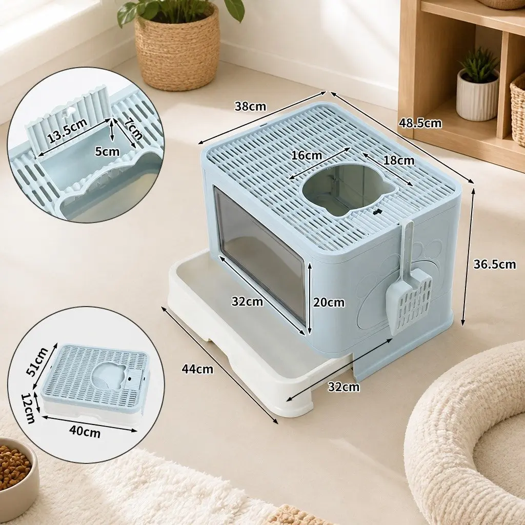 Foldable Cat Litter Box Enclosed Tray ABS PP 48.5cm x 38cm x 36.5cm Blue