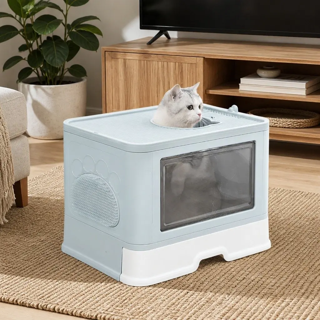 Foldable Cat Litter Box Enclosed Tray ABS PP 48.5cm x 38cm x 36.5cm Blue