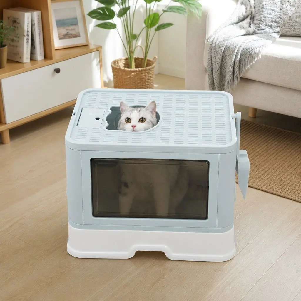 Foldable Cat Litter Box Enclosed Tray ABS PP 48.5cm x 38cm x 36.5cm Blue