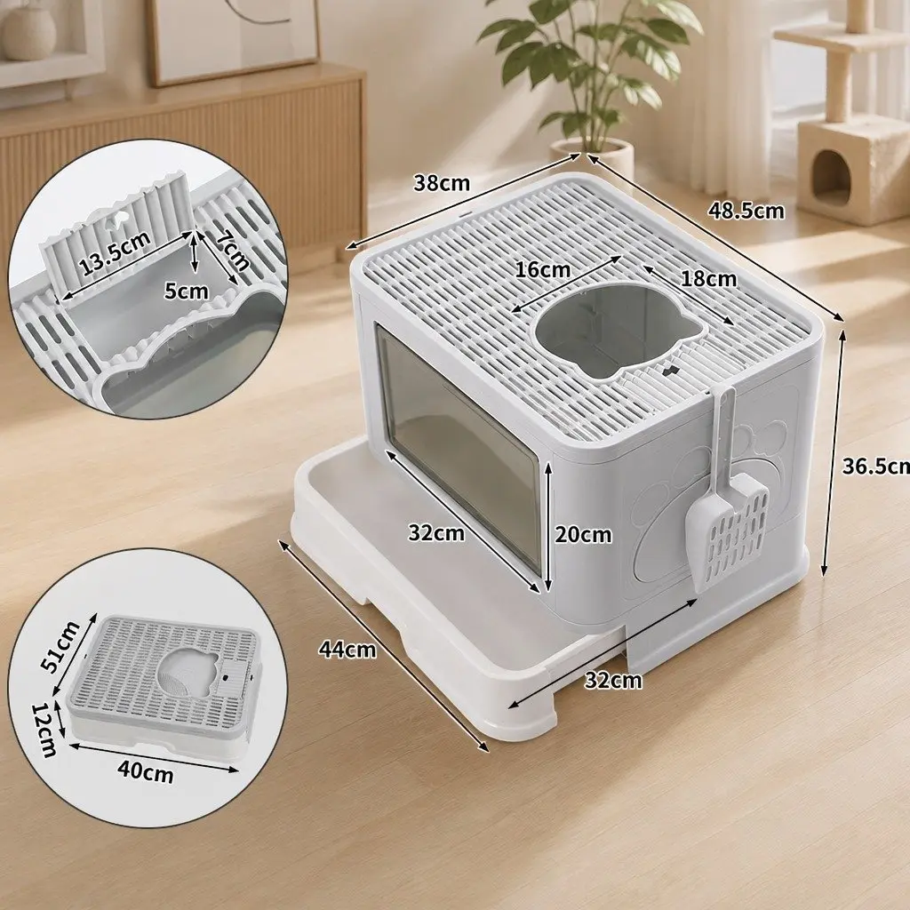 Foldable Cat Litter Box Enclosed ABS PP Grey with Removable Drawer and Separate Entry Exit Doors