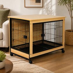 Wooden Dog Kennel Side End Table XL Pet Crate Two Doors Removable Tray