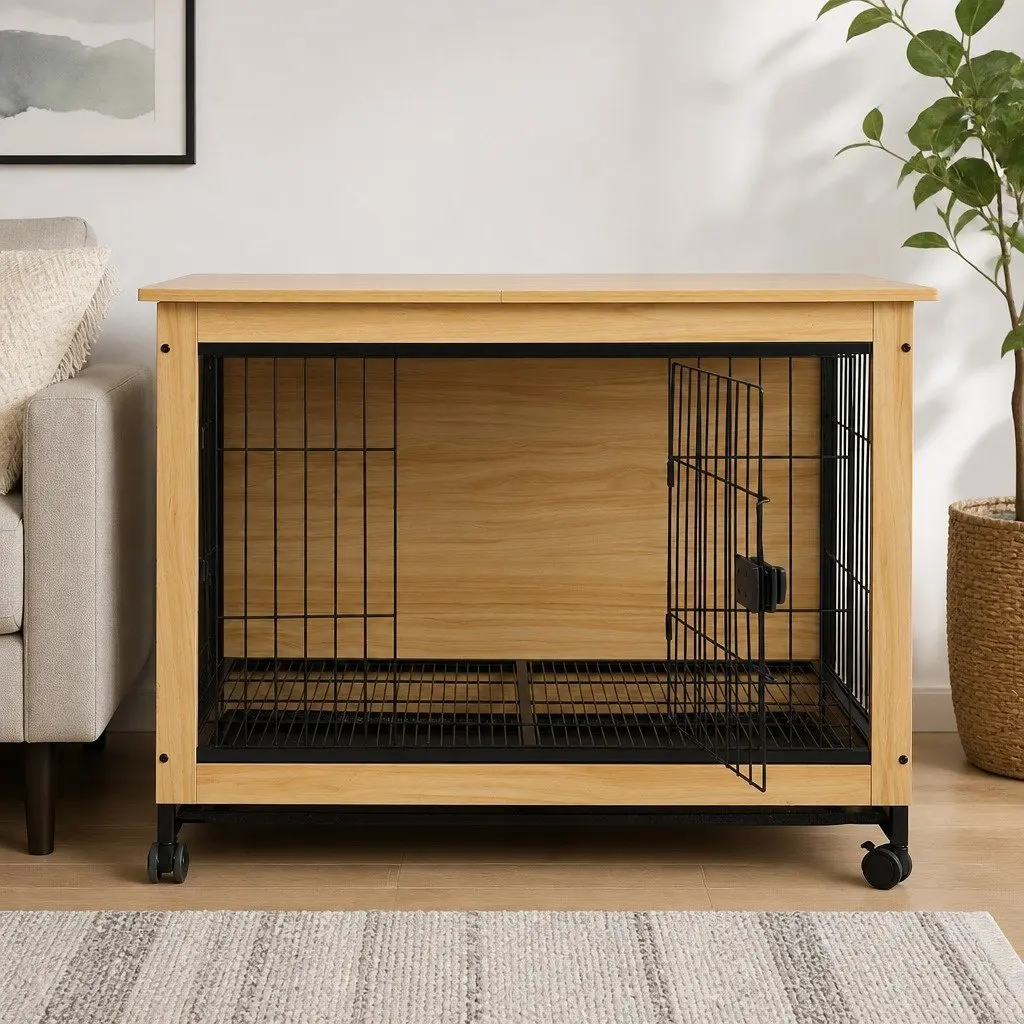 Wooden Dog Kennel Side End Table XL Pet Crate Two Doors Removable Tray