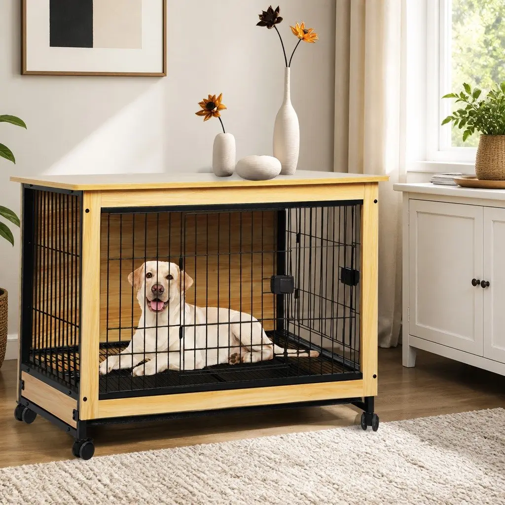 Wooden Dog Kennel Side End Table XL Pet Crate Two Doors Removable Tray