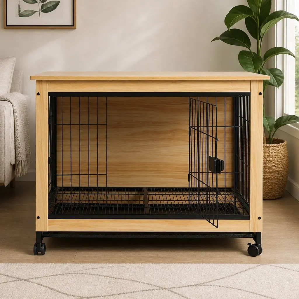 Wooden Dog Kennel Side End Table Pet Crate Large Removable Tray Two Doors