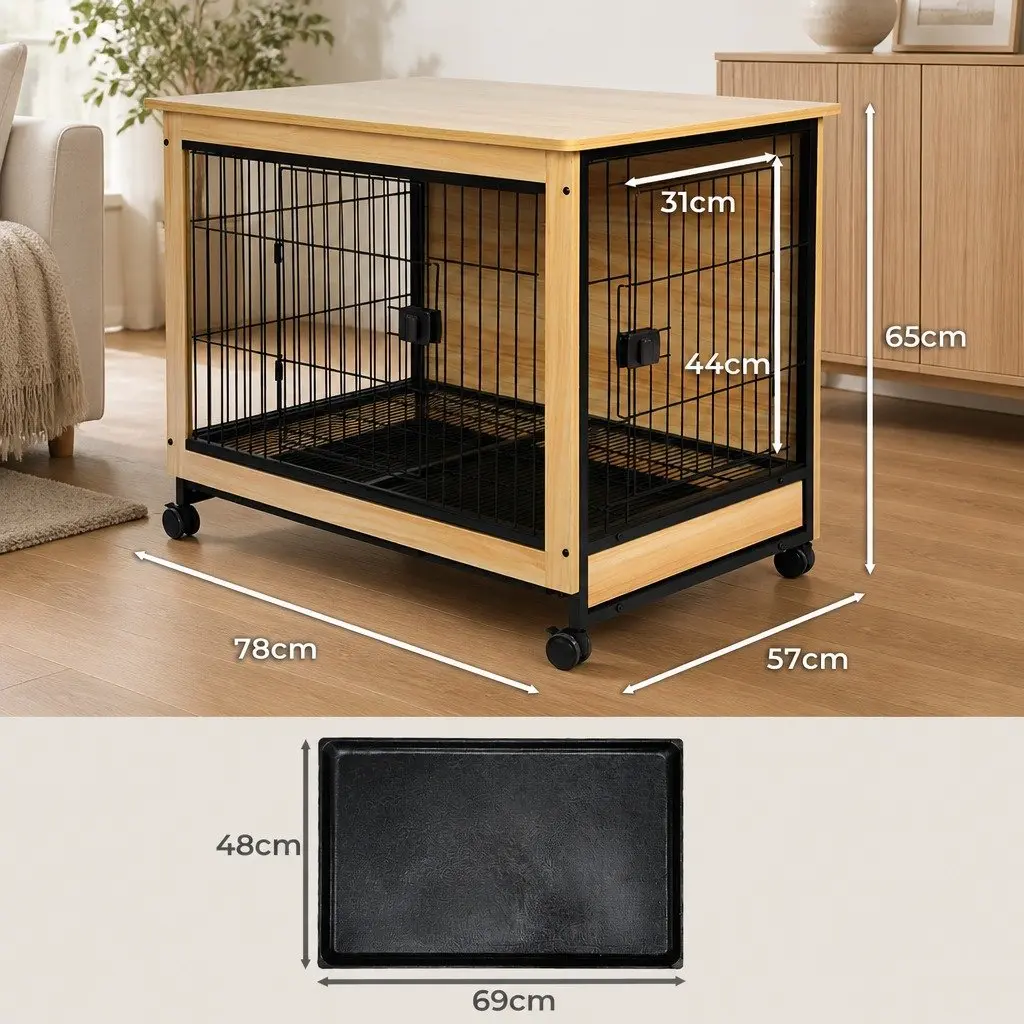 Wooden Dog Kennel Side End Table Pet Crate Large Removable Tray Two Doors