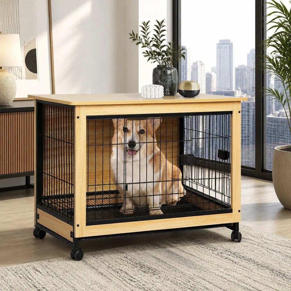 Wooden Dog Kennel Side End Table Pet Crate Large Removable Tray Two Doors