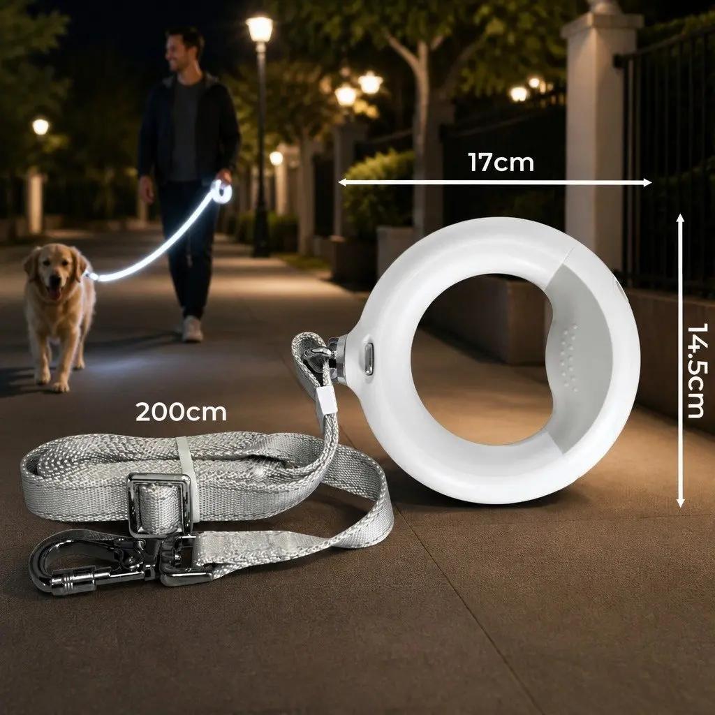 LED Dog Leash USB Rechargeable Heavy-Duty Nylon 2m White for Medium Large Dogs