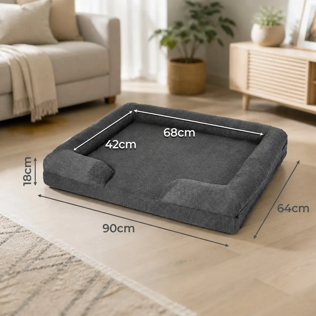 Memory Foam Pet Bed Orthopaedic Large Cushion with Raised Rim Grey Washable for Dogs and Cats 90cm x 64cm x 18cm