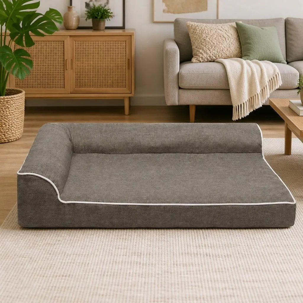 XL Memory Foam Dog Bed L-Shaped Bolster Coffee Colour Orthopedic Support Pet Sofa