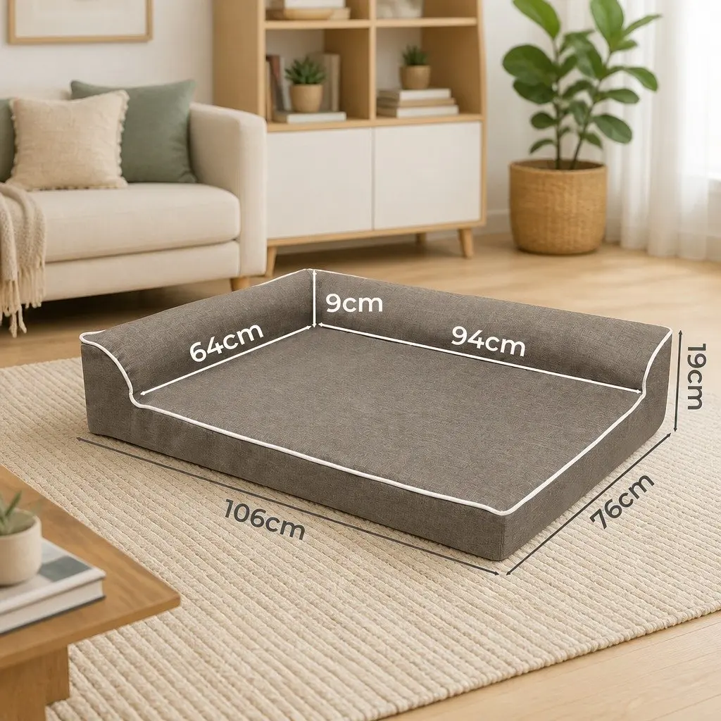 XL Memory Foam Dog Bed L-Shaped Bolster Coffee Colour Orthopedic Support Pet Sofa