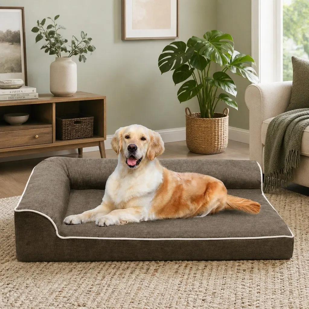 XL Memory Foam Dog Bed L-Shaped Bolster Coffee Colour Orthopedic Support Pet Sofa