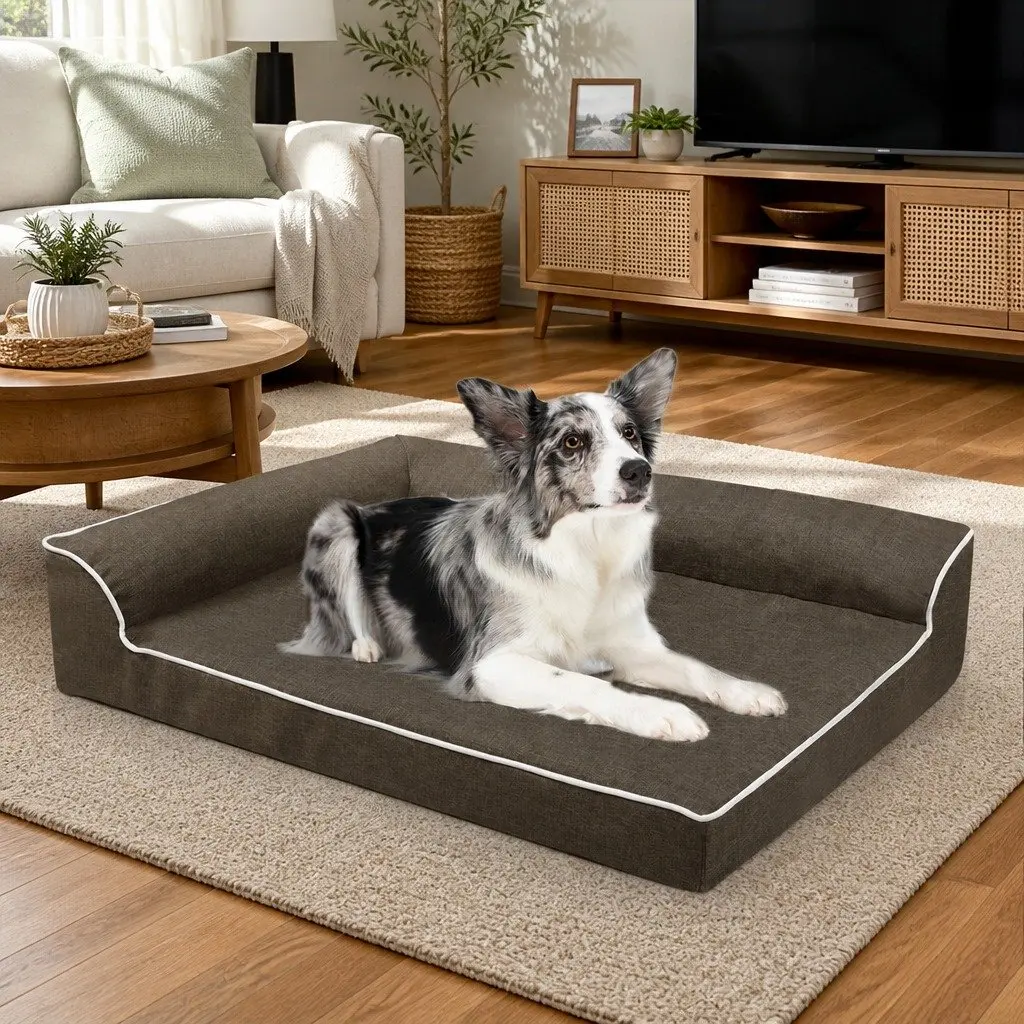 XL Memory Foam Dog Bed L-Shaped Bolster Coffee Colour Orthopedic Support Pet Sofa