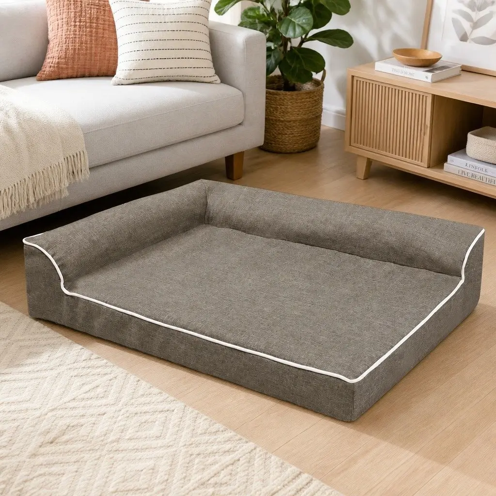XL Memory Foam Dog Bed L-Shaped Bolster Coffee Colour Orthopedic Support Pet Sofa