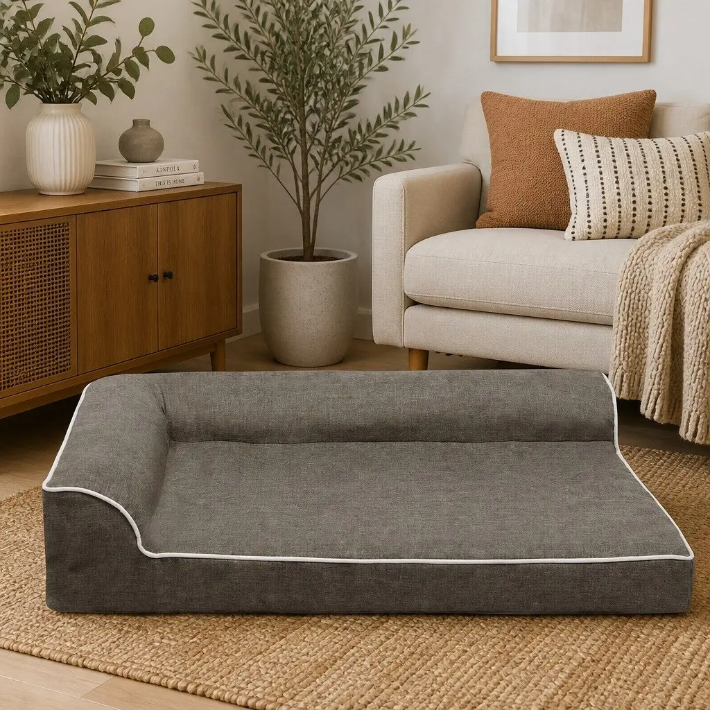 Orthopedic Memory Foam Dog Bed L-Shaped Bolster Sofa Large Coffee