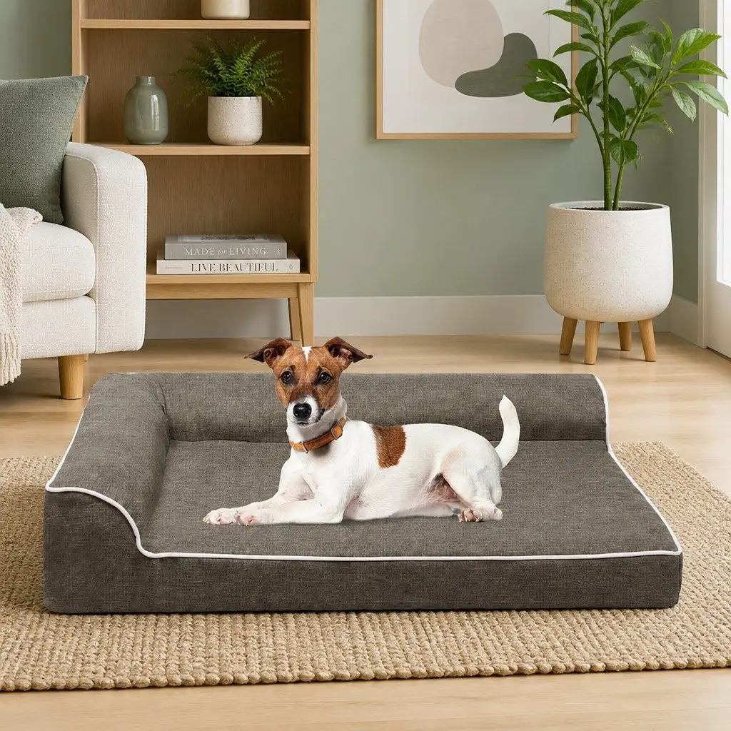 Orthopedic Memory Foam Dog Bed L-Shaped Bolster Sofa Large Coffee
