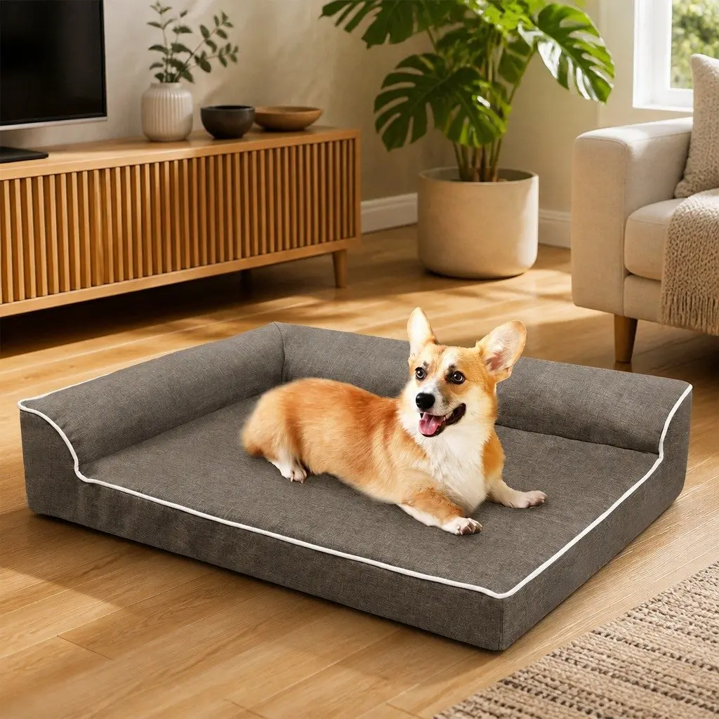 Orthopedic Memory Foam Dog Bed L-Shaped Bolster Sofa Large Coffee