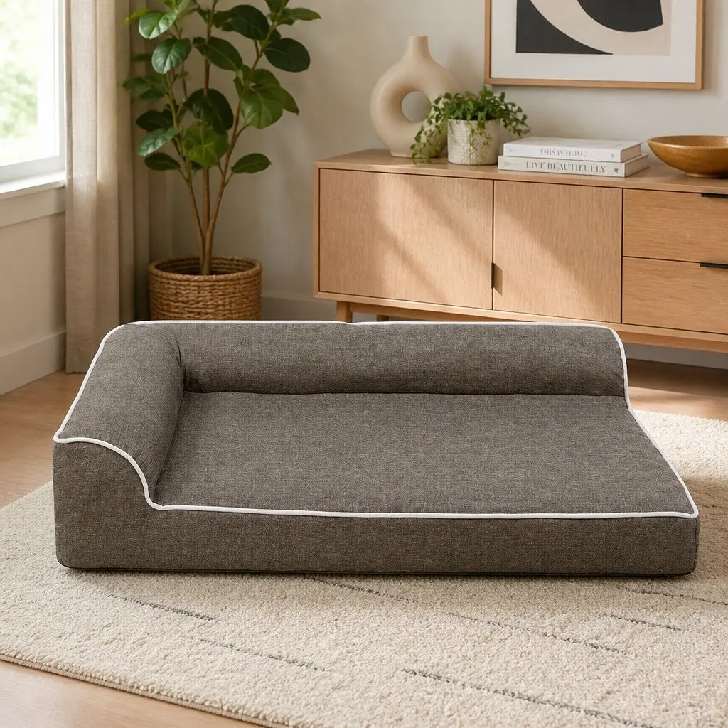 Orthopedic Pet Bed L-Shaped Coffee Medium Size Memory Foam Bolster Dog Sofa