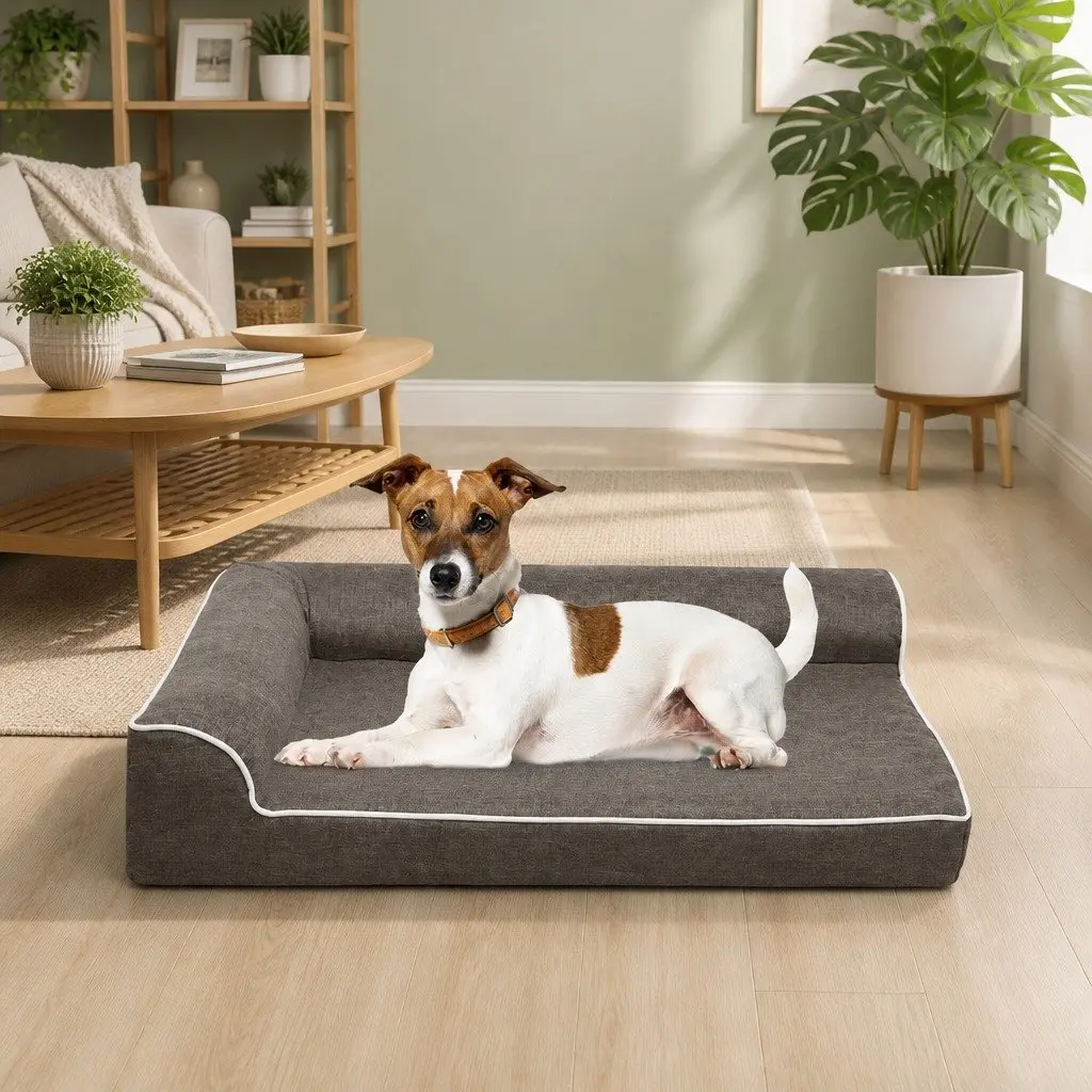 Orthopedic Pet Bed L-Shaped Coffee Medium Size Memory Foam Bolster Dog Sofa