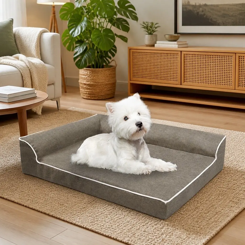 Orthopedic Pet Bed L-Shaped Coffee Medium Size Memory Foam Bolster Dog Sofa
