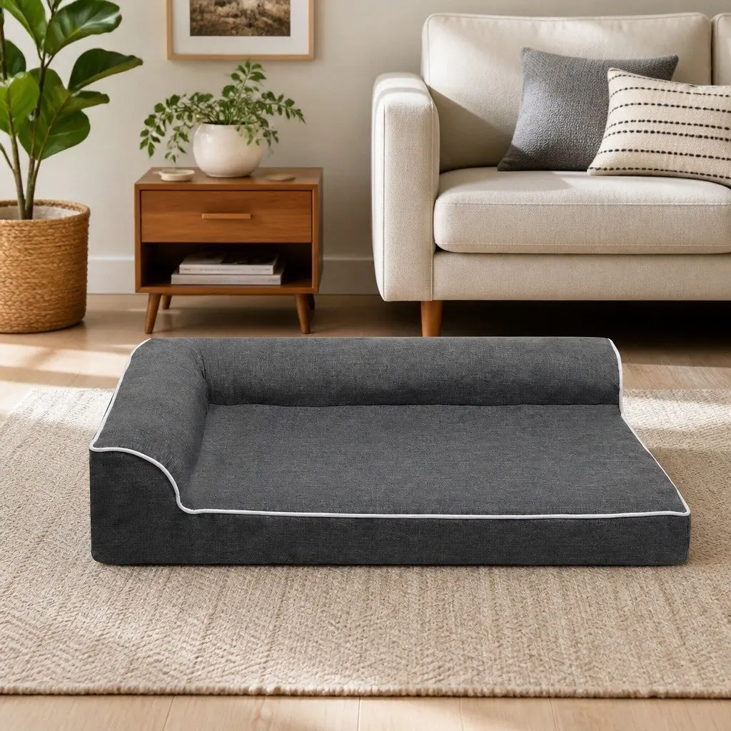 Large Grey Memory Foam Pet Sofa Bed with Bolster Support and Waterproof Lining for Comfort and Joint Relief